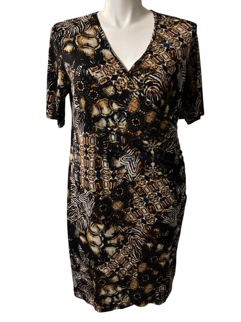 Cato 16 Dress Short Sleeve V-Neck side zip Midi Rouch Black Tan Print - Picture 2 of 9